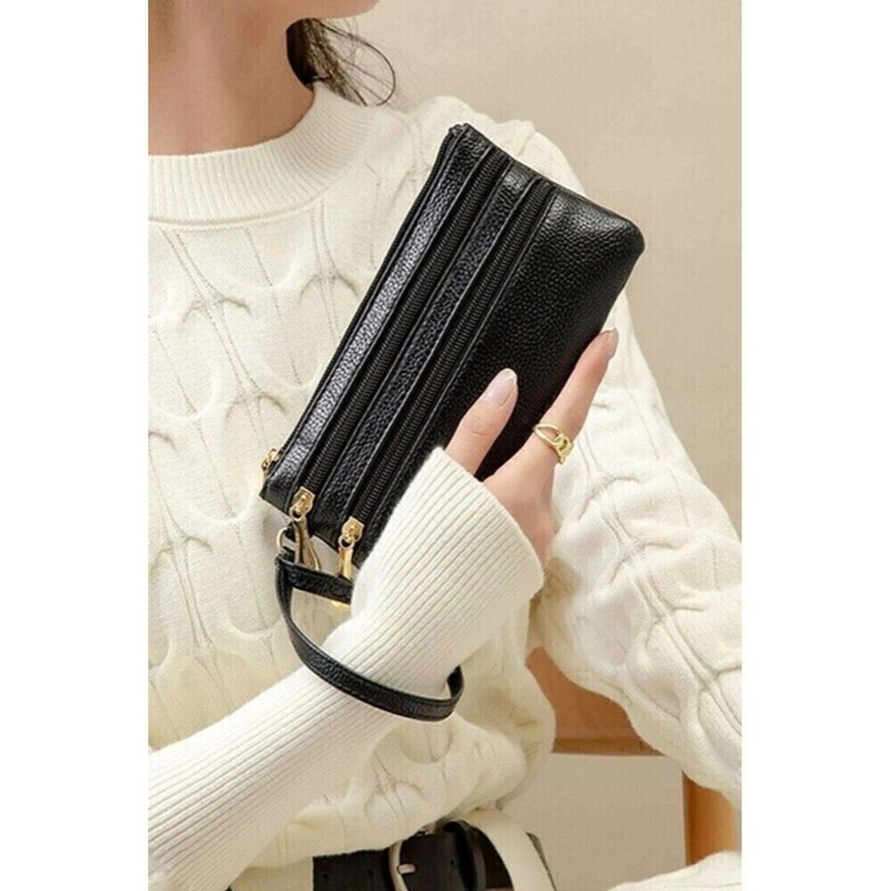 VEGAN LEATHER TRIPLE ZIP WRIST WALLET CLUTCH PURSE
